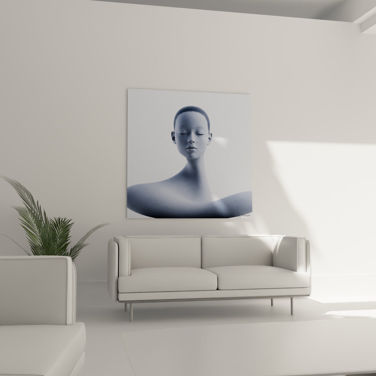 Sculpture numérique gris ardoise et blanche placée au-dessus d'un canapé dans un salon lumineux
