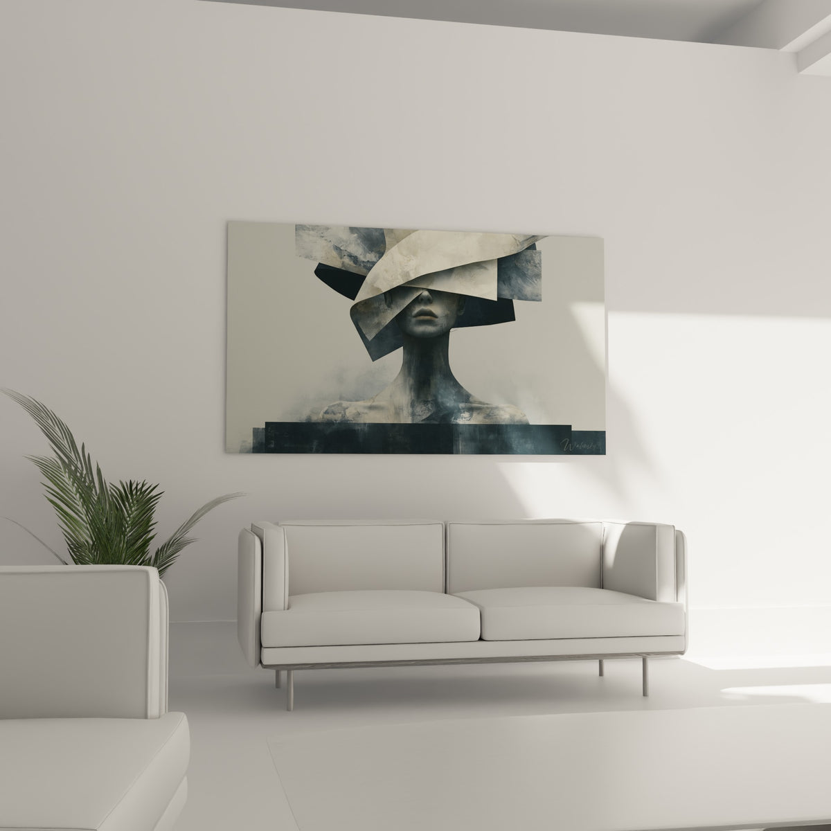 Buste fragmenté ivoire et gris anthracite au-dessus d'un canapé dans un salon lumineux