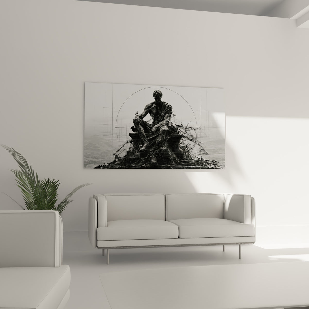 Silhouette masculine pensive en gris et blanc cassé, au-dessus d'un canapé dans un salon lumineux