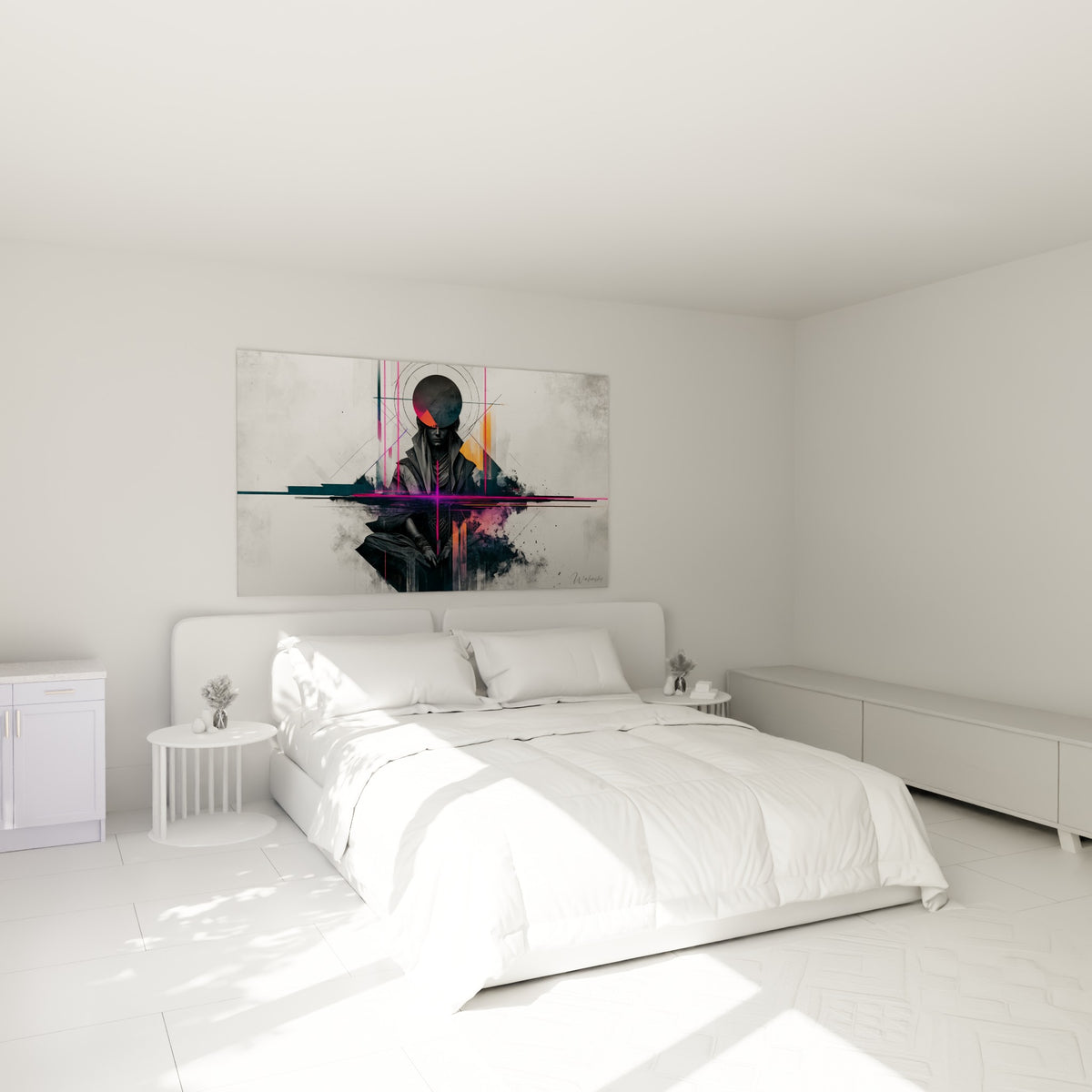 Silhouette statue anthracite aux éclats fuchsia au-dessus d'un lit dans une chambre claire