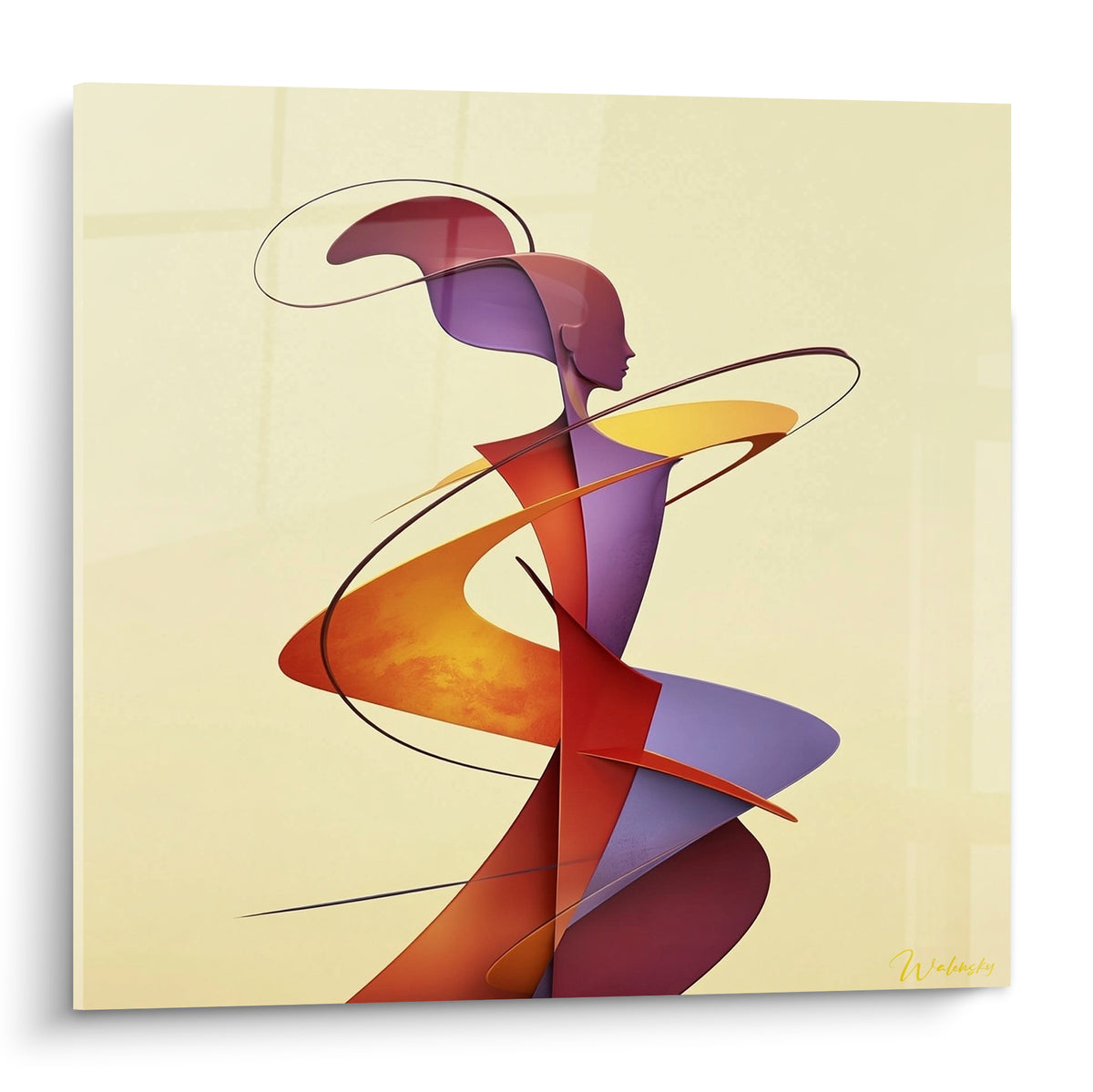 Statue féminine stylisée aux rubans orange et violet, profil sculpté sur fond beige clair