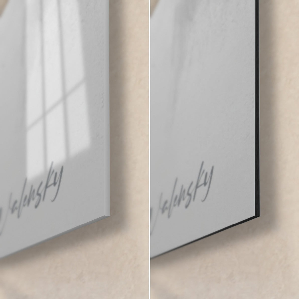 Wall art of a hooded figure in charcoal grey, bottom right corner: glossy glass reflecting the window, matte black Dibond aluminium, 3 mm thick