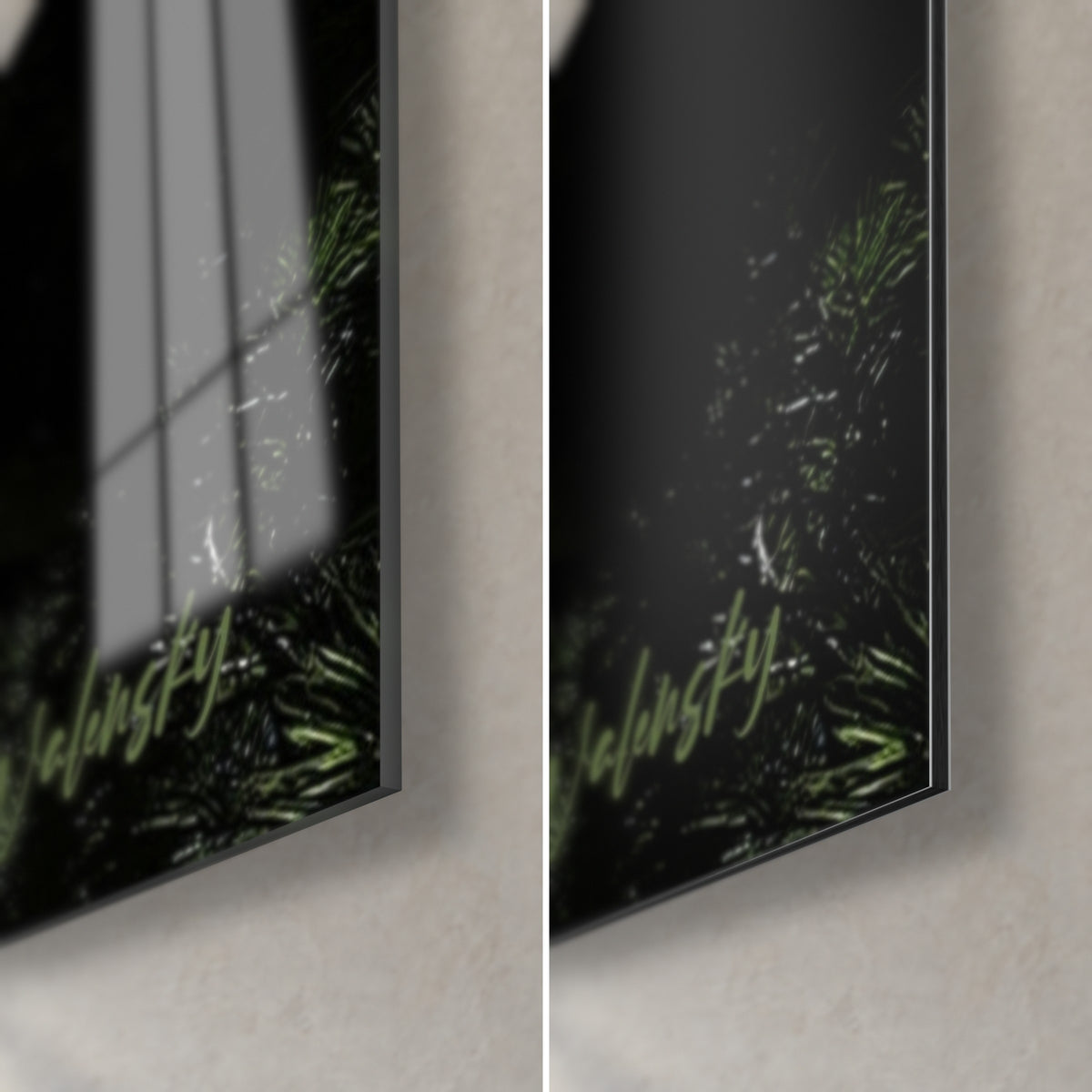 Tableau tête métallique polie, coin bas droit : verre brillant et reflets à gauche, Dibond noir mat à droite, tranche de 3 mm visible