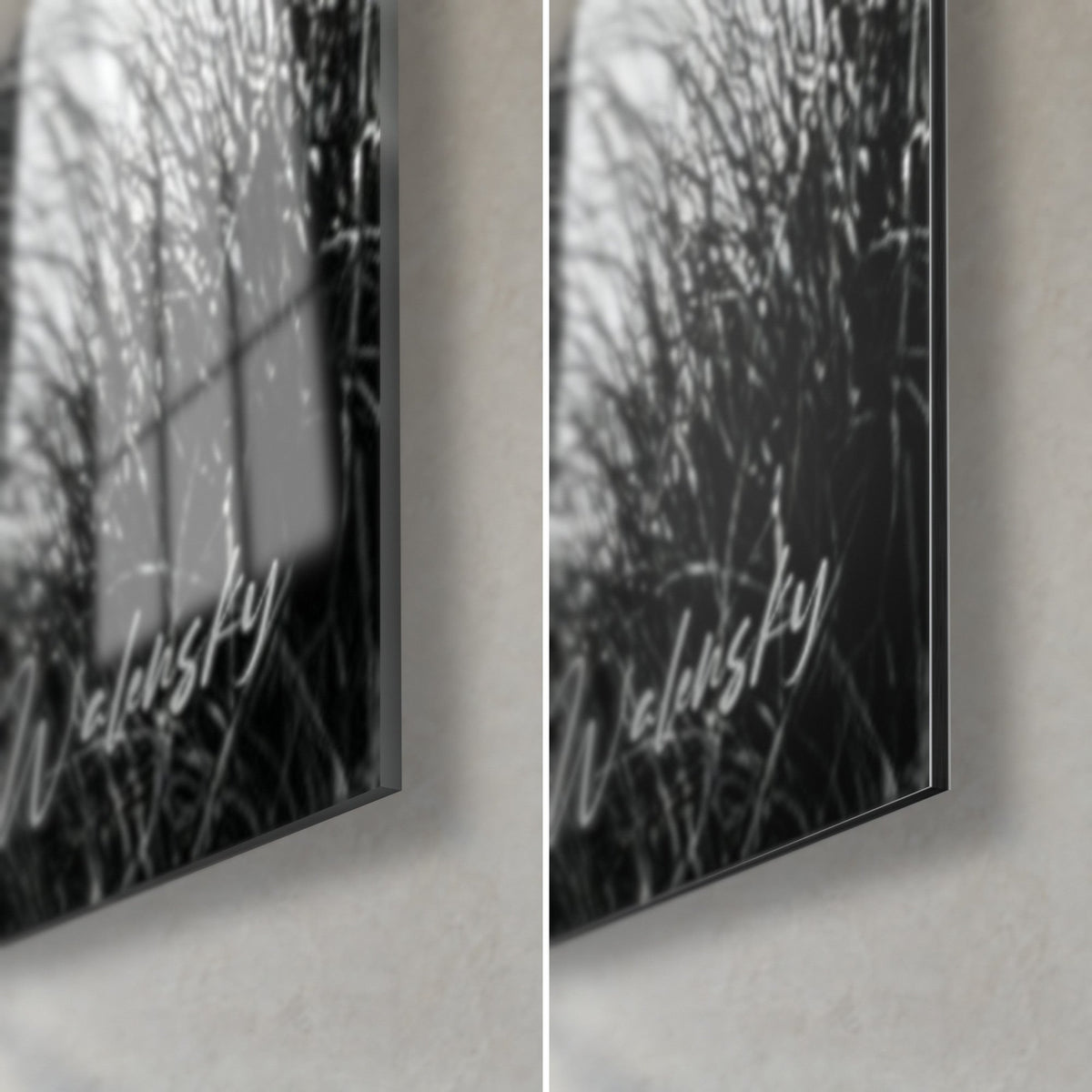Tableau tronc taillé en visage, herbes noires et reflets du verre brillant à gauche, alu Dibond mat gris à droite, tranche de 3 mm