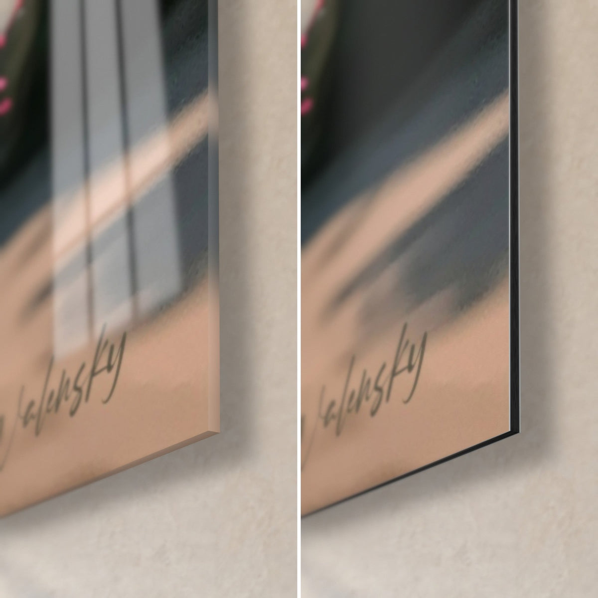 Tableau buste fleuri signé Walensky, coin bas droit : verre acrylique brillant à gauche, Dibond noir mat à droite, tranche 3 mm