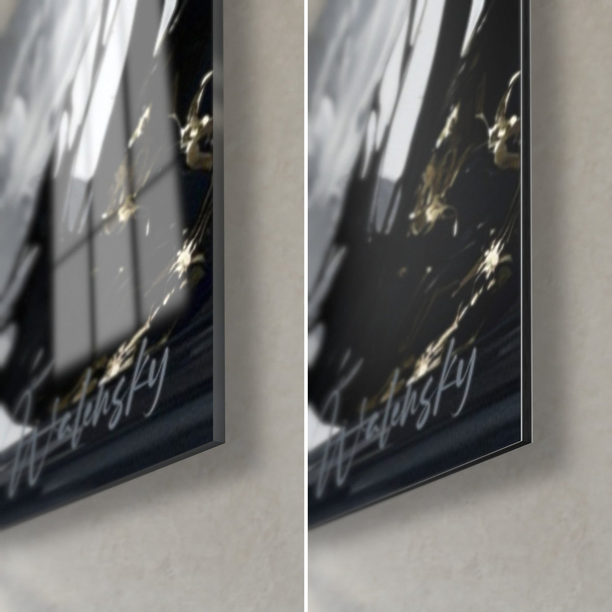Tableau visage de marbre aux larmes d'or, coin bas droit : verre acrylique brillant noir et blanc, Dibond mat gris, tranche de 3 mm