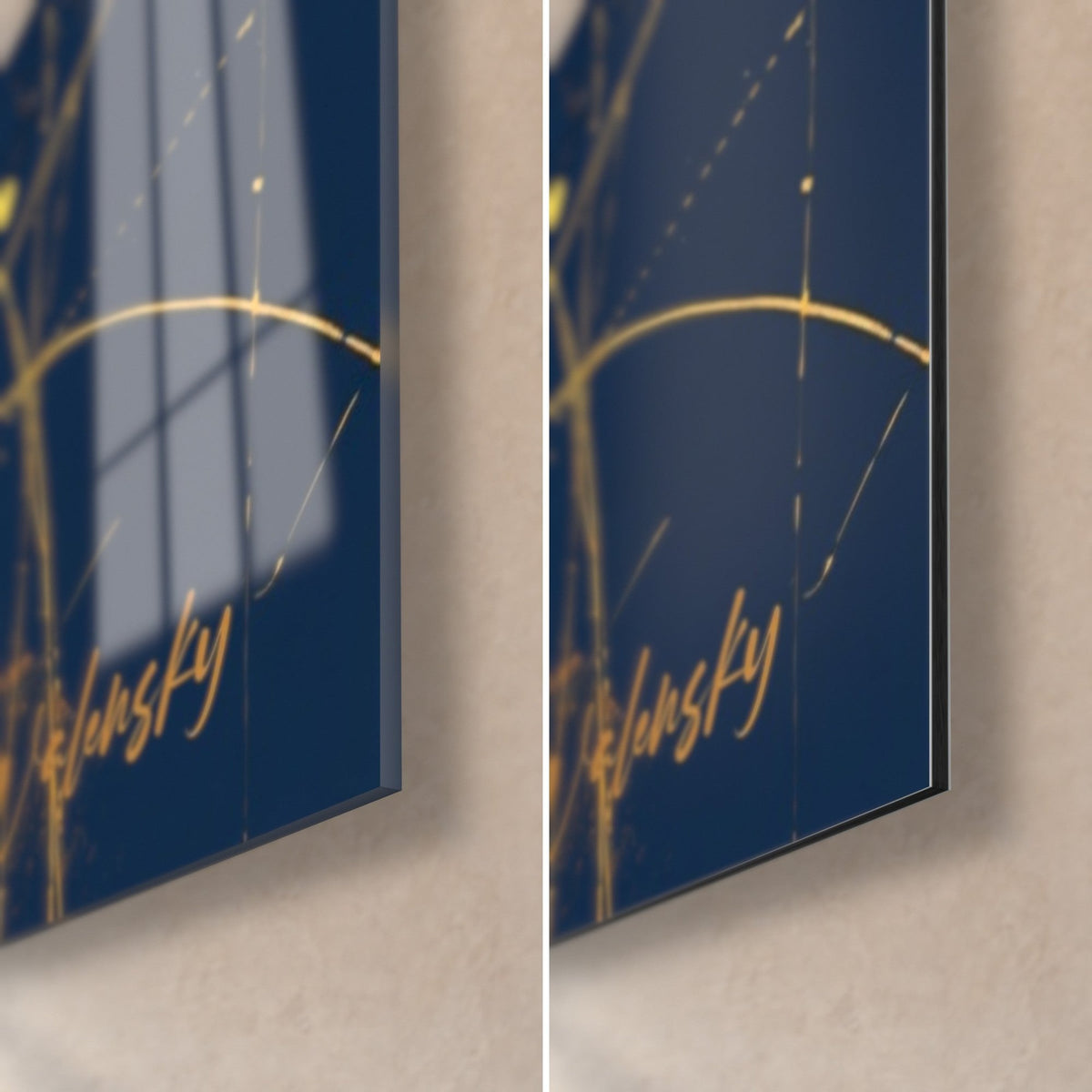 Wall art statuesque profile on a golden halo, Walensky signature, bottom right corner: glossy glass on the left, matte Dibond aluminum on the right