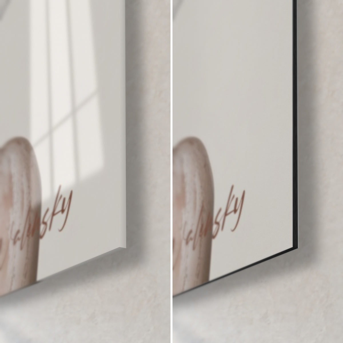 Wall art cracked porcelain woman, bottom right corner: glossy glass with reflections, matte black Dibond, 3 mm edge, beige and ivory