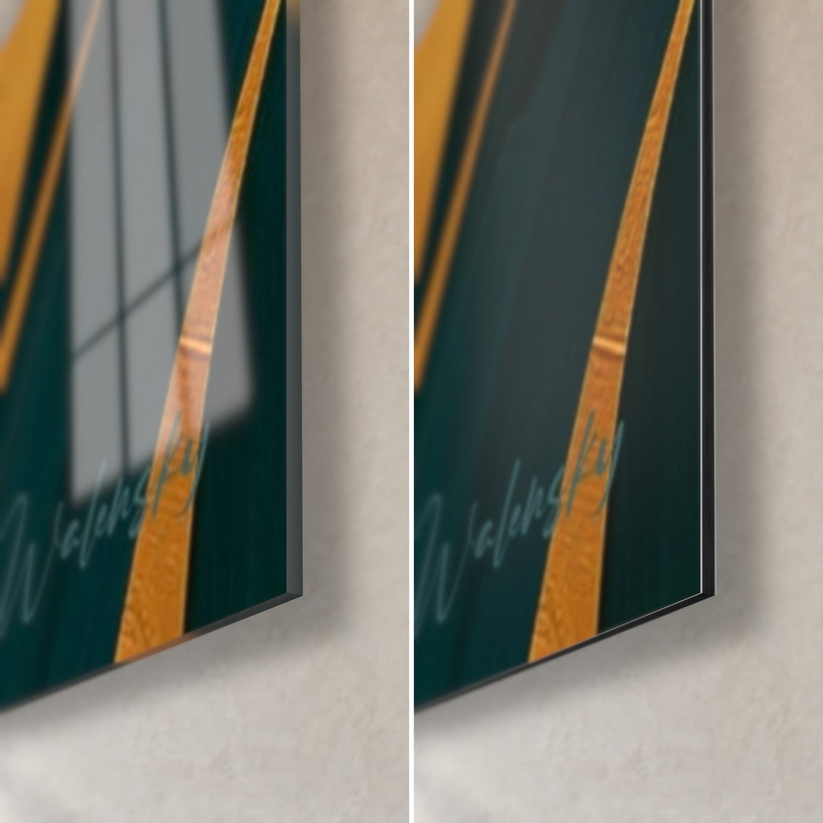 Wall art golden figure in a black turban, bottom right corner: glossy glass reflecting the window, matte green and gold Dibond, 3 mm edge