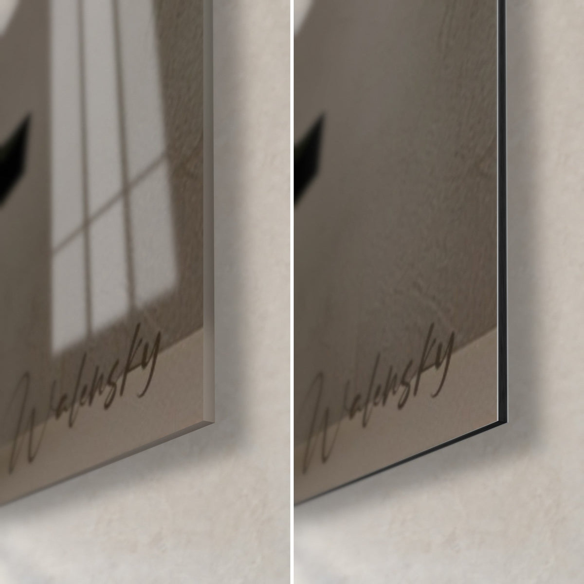 Wall art bust with golden shards, bottom right corner: glossy acrylic glass on the left, matte Dibond aluminum on the right, 3 mm edge