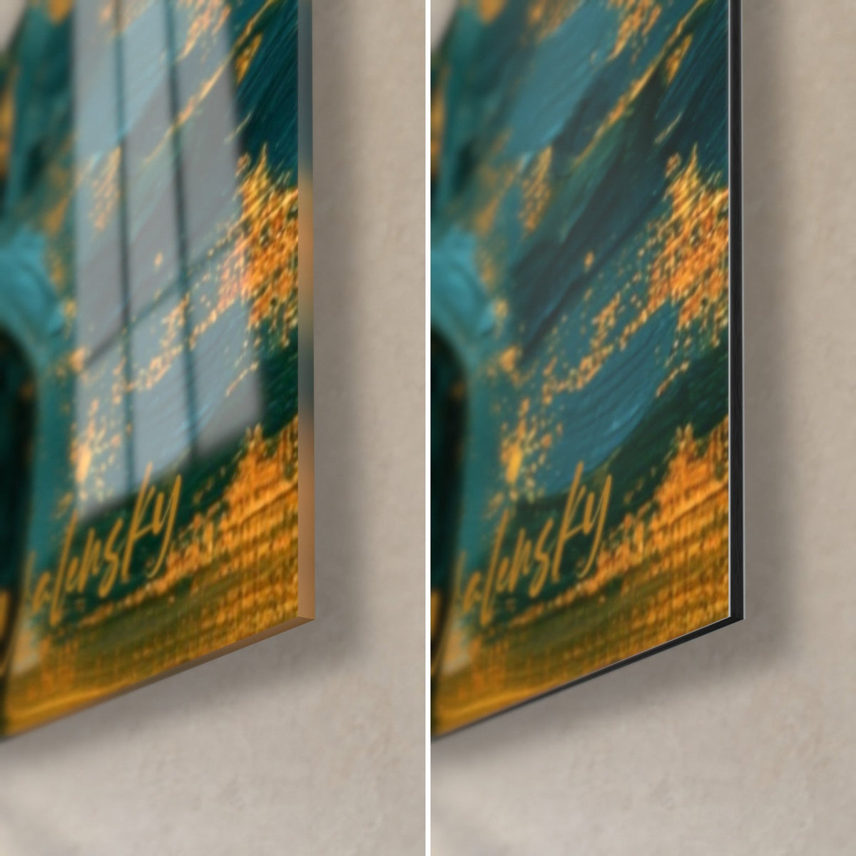 Wall art antique portrait, bottom right corner: reflections on the glossy acrylic, matte black Dibond, 3 mm edge, ochre and blue touches