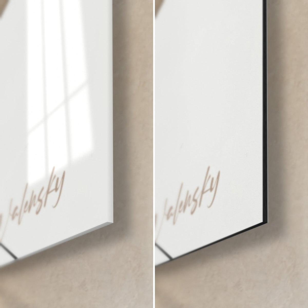 Tableau portrait de statue barbue, coin bas droit, signature dorée Walensky sur fond blanc, verre brillant à gauche, Dibond mat à droite