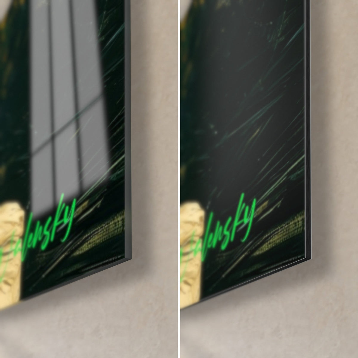 Tableau déesse antique endormie, coin bas droit : verre brillant aux reflets à gauche, Dibond noir et vert mat à droite, tranche 3 mm