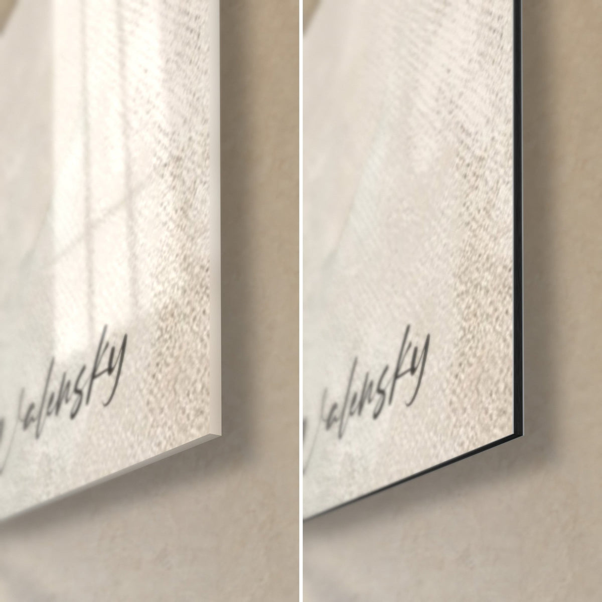 Quadro di una figura cubista con palpebre chiuse, firma nera in basso a destra, vetro lucido a sinistra, Dibond beige opaco a destra