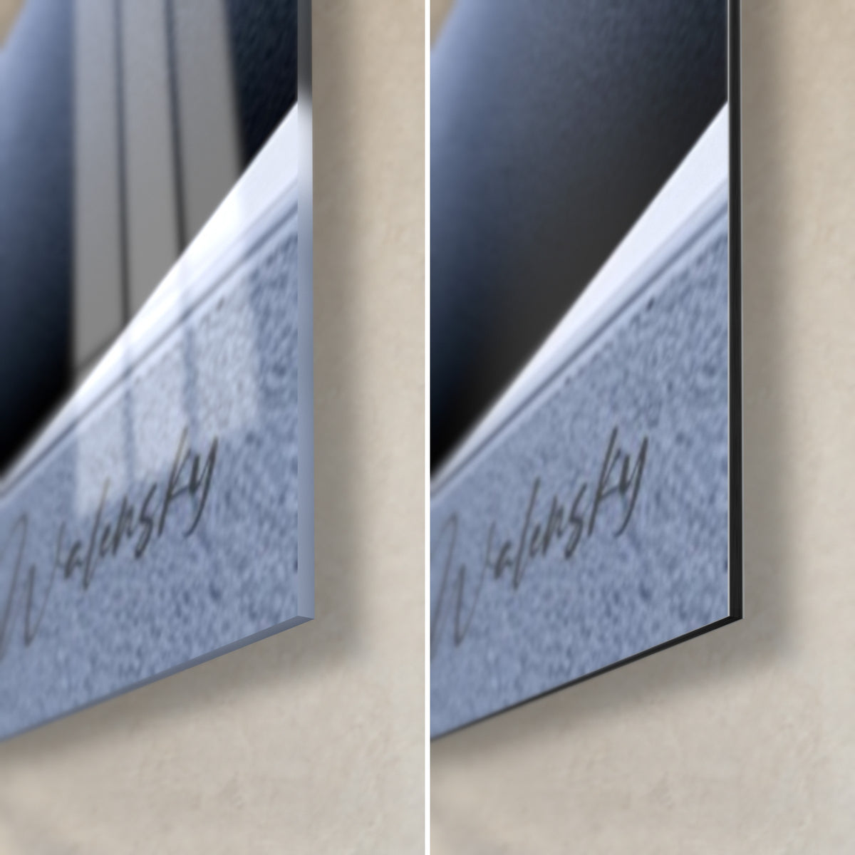 Wall art statue head with closed eyelids, bottom right corner: glossy acrylic glass on the left, matte grey-blue Dibond aluminium on the right, 3 mm edge