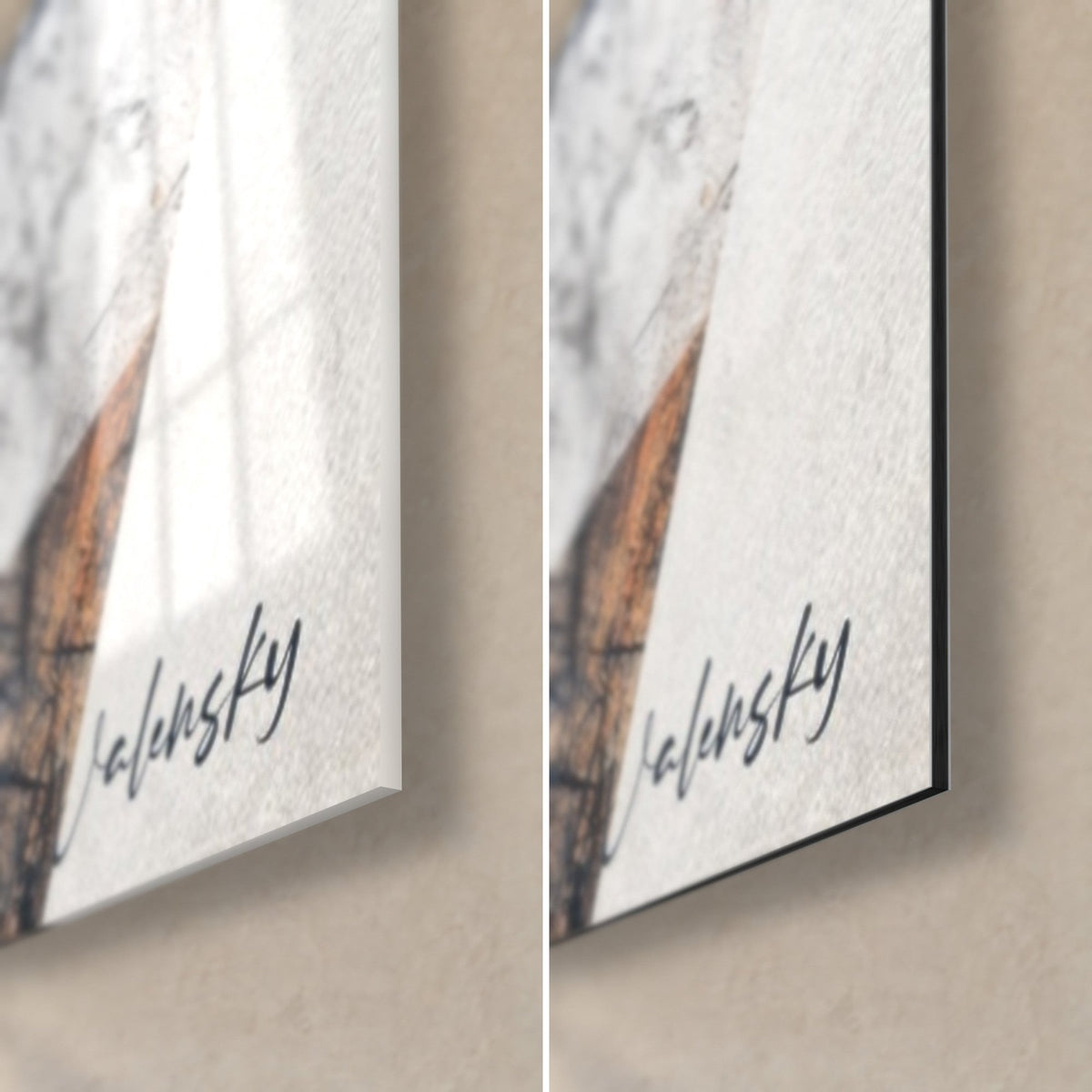 Quadro profilo scolpito in nero e avorio, angolo in basso a destra in vetro lucido e Dibond opaco, firma Walensky, spessore 3 mm