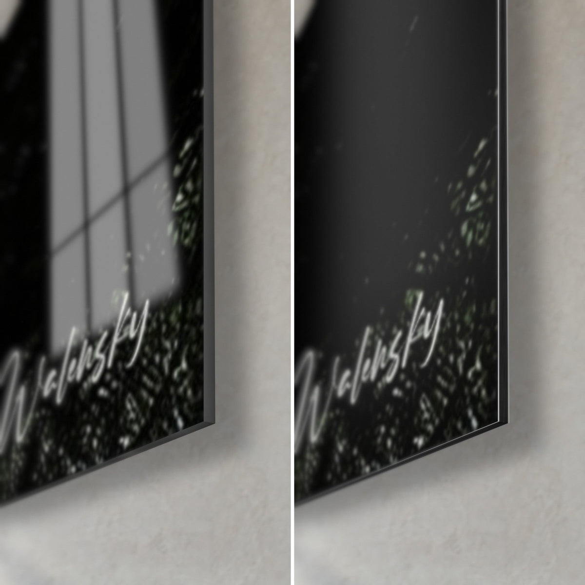 Wall art polished steel face, bottom right corner: glossy acrylic glass reflecting the window, matte grey Dibond aluminium, thin edge