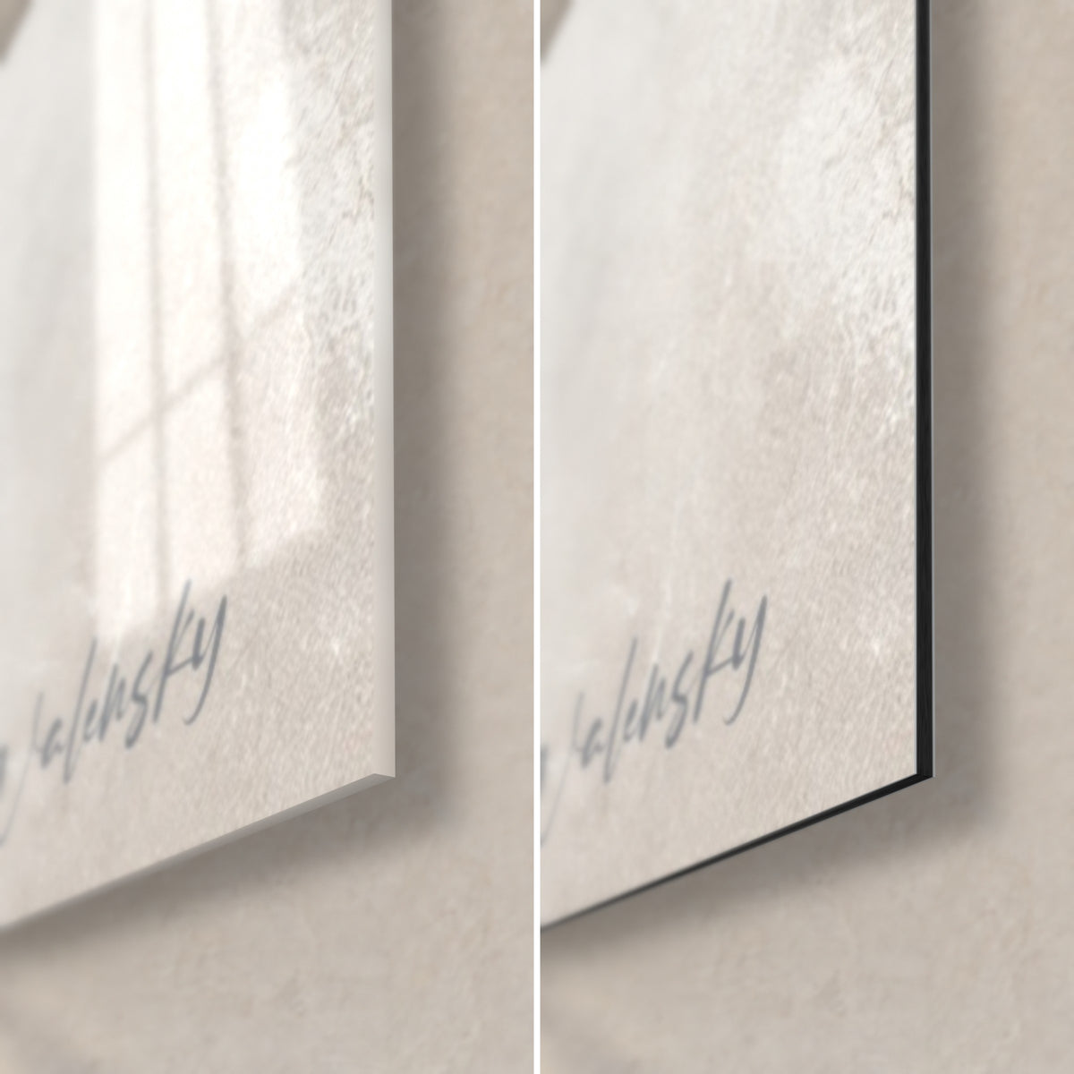 Schilderij gefragmenteerd mineraal gezicht, grijze Walensky-signatuur rechtsonder, glanzend glas links, mat zwart Dibond rechts