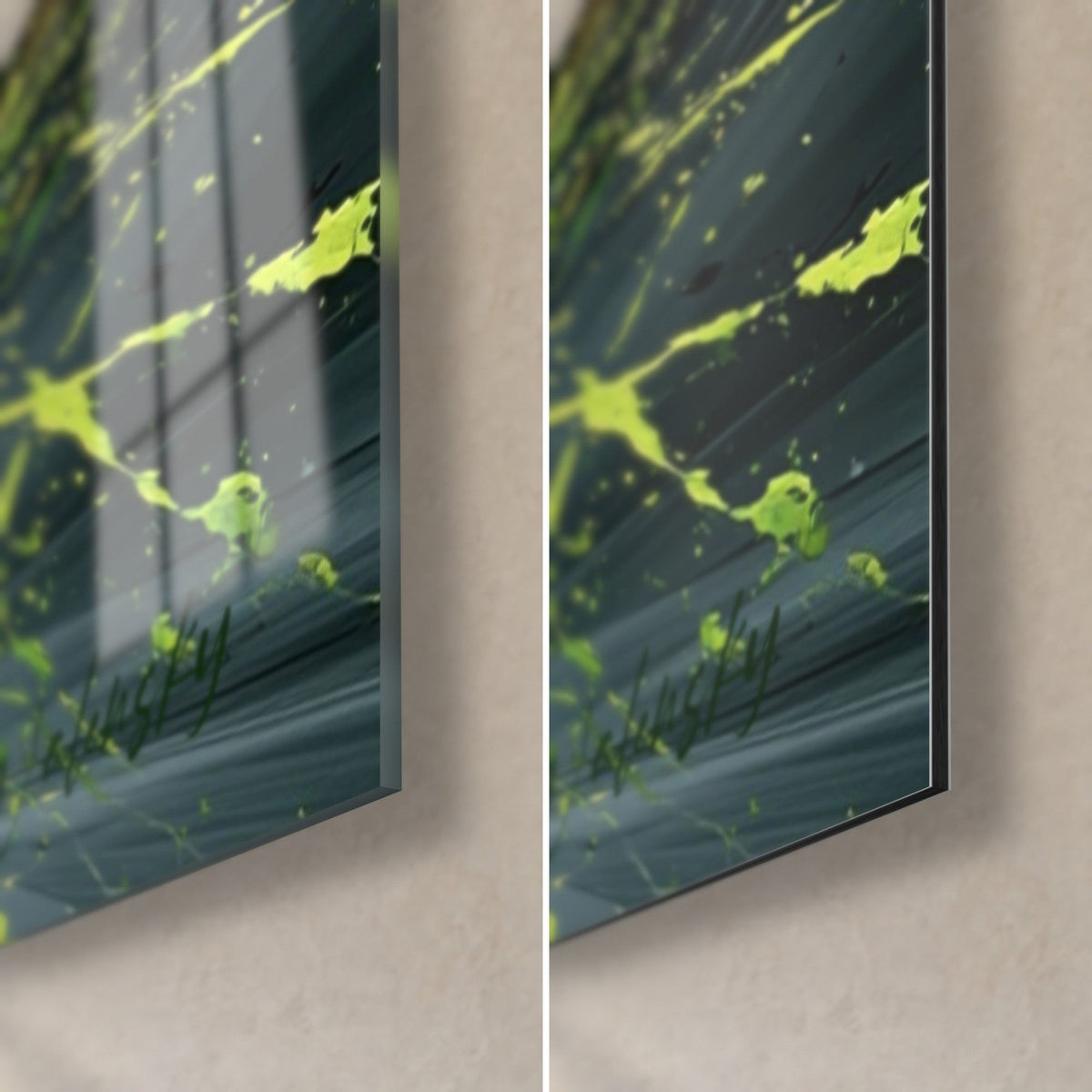 Cuadro rostro en fusión vegetal, salpicadura verde limón y fondo gris pizarra, esquina inferior derecha en cristal brillante y aluminio Dibond mate