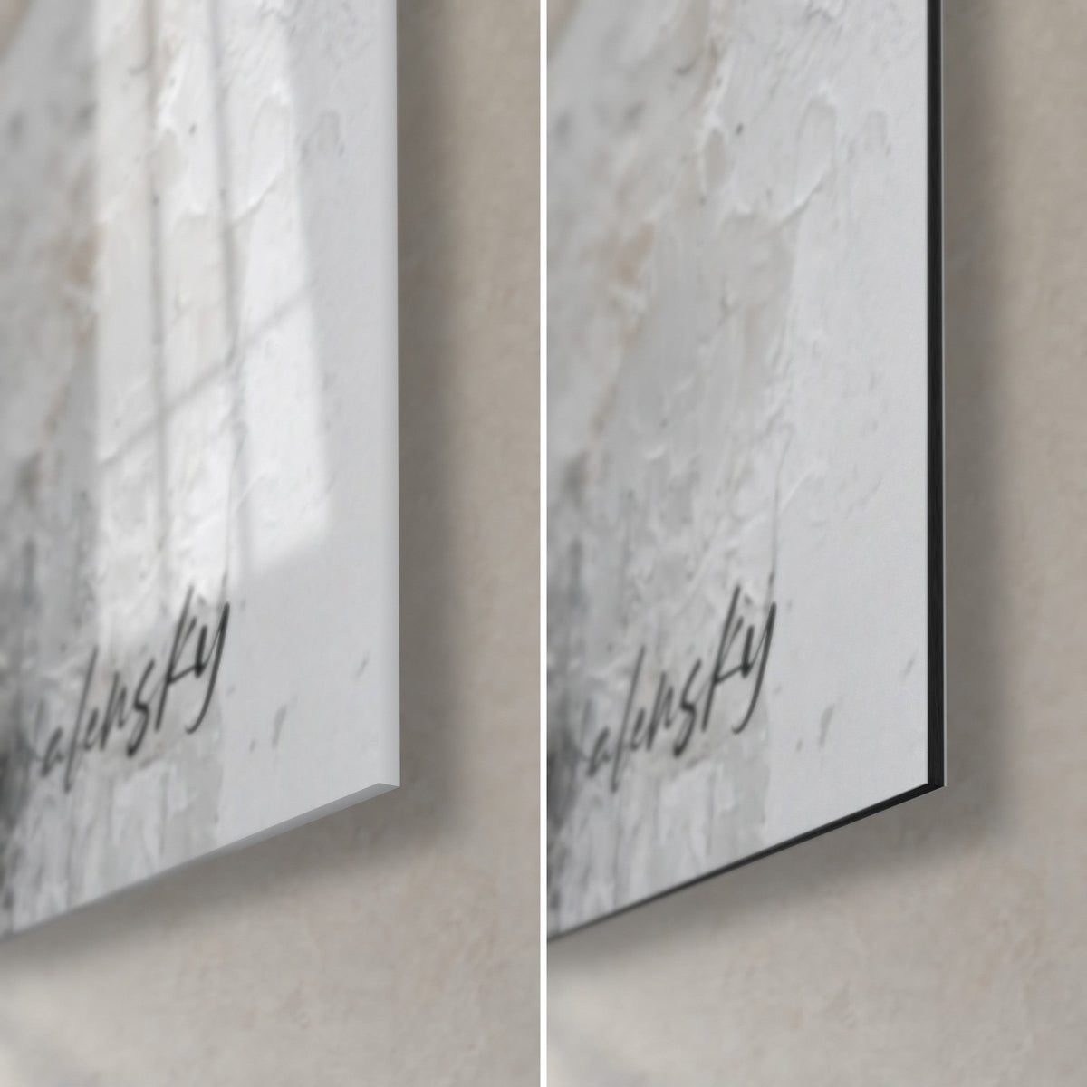 Tableau visage mosaïque fracturé, coin bas droit : verre acrylique brillant à reflets, alu Dibond blanc mat, tranche noire de 3 mm