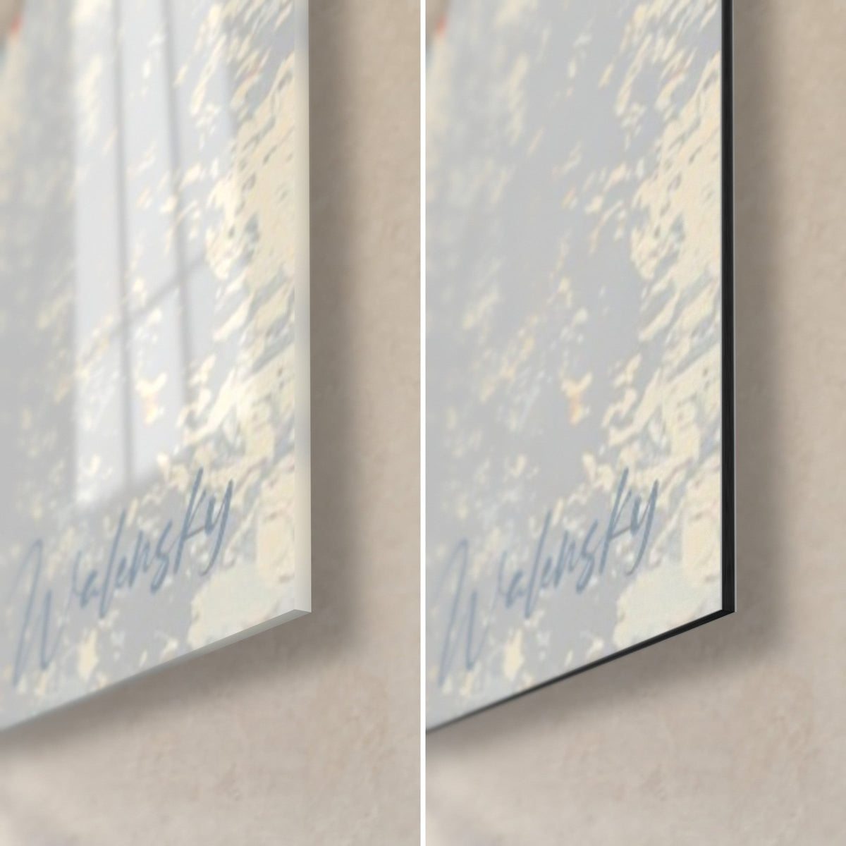 Tableau visage fragmenté, angle bas droit en verre brillant reflétant la lumière et Dibond mat, tranche noire de 3 mm