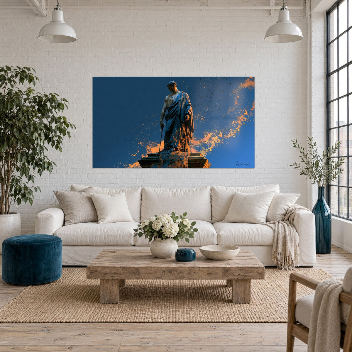 Tableau statue romaine drapée de bleu nuit, étincelles orange sur fond azur, au-dessus d'un canapé dans un salon lumineux