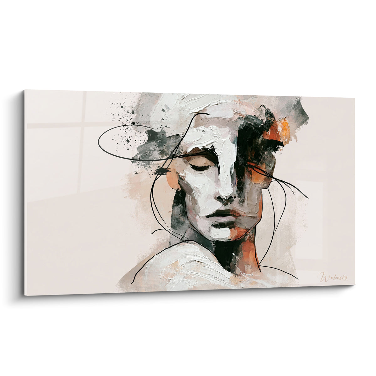 Visage esquissé aux tons blancs et anthracite, paupières closes, empâtements épais et lignes fines noires