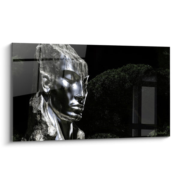 Tableau Visage argenté aux yeux clos et fond noir - Silence minéral - Edition Statue