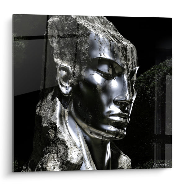 Tableau Visage métallique argenté aux reflets noirs - Présence silencieuse - Edition Statue