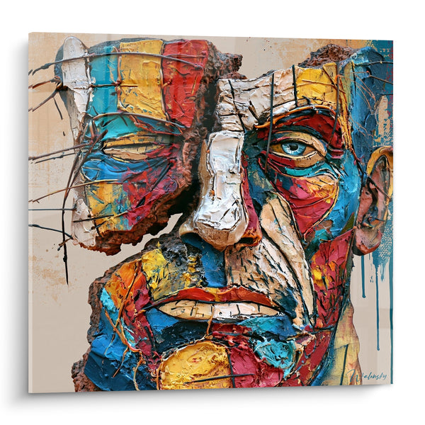 Tableau Visage sculpté bleu et rouge multicolore fissuré - Œil bleu perçant - Edition Statue