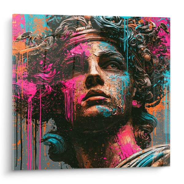 Tableau Buste antique aux coulures roses et turquoise - Réveil urbain - Edition Statue