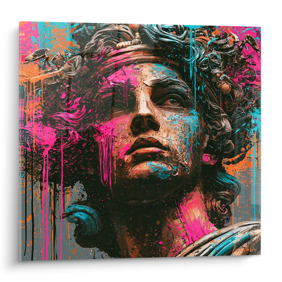 Schilderij Antiek Borstbeeld met Roze en Turquoise Vloeiingen - Stedelijk Ontwaken - Editie Statue