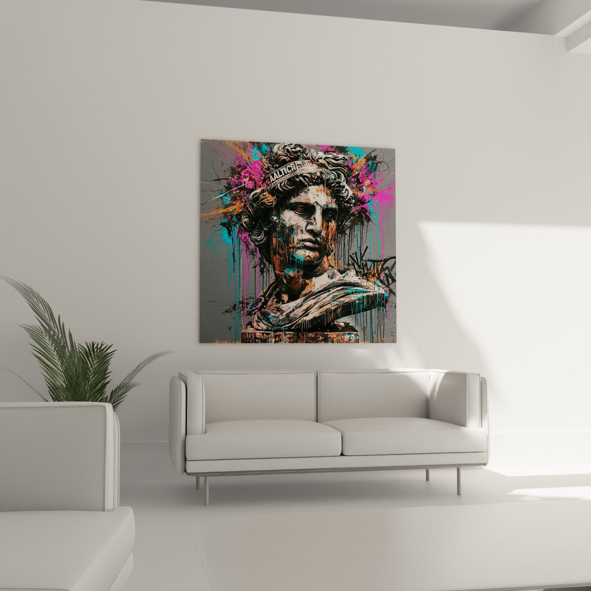 Visage sculpté anthracite et bronze, éclats fuchsia, placé au-dessus d'un canapé dans un salon lumineux