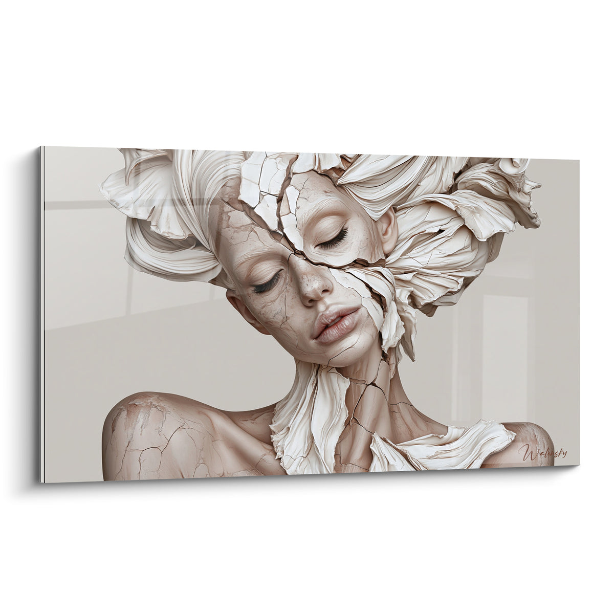 Wall art living statue with a cracked beige and white face, sculpted petals around the head