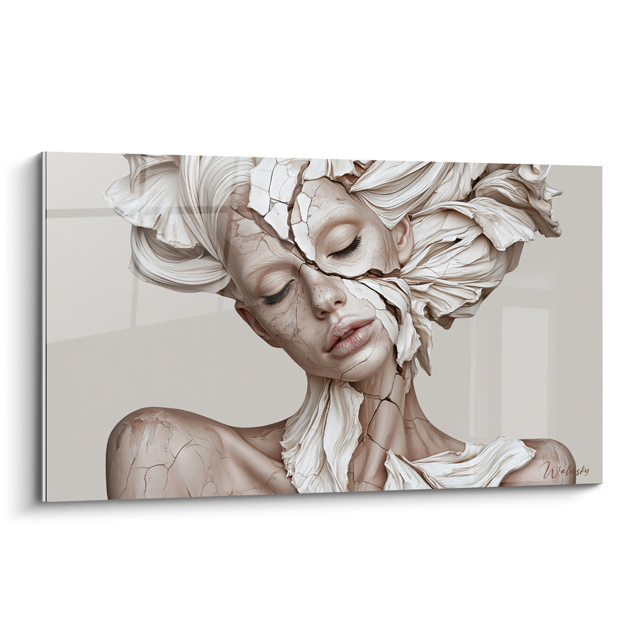Tableau Visage fissuré aux pétales beige et blanc - Fêlure silencieuse - Edition Statue