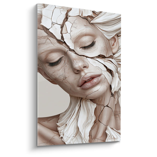 Tableau Visage lézardé beige et blanc aux paupières closes - Peau craquelée sereine - Edition Statue