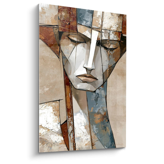 Tableau Visage cubiste terracotta et bleu ardoise - Introspection fragmentée - Edition Statue