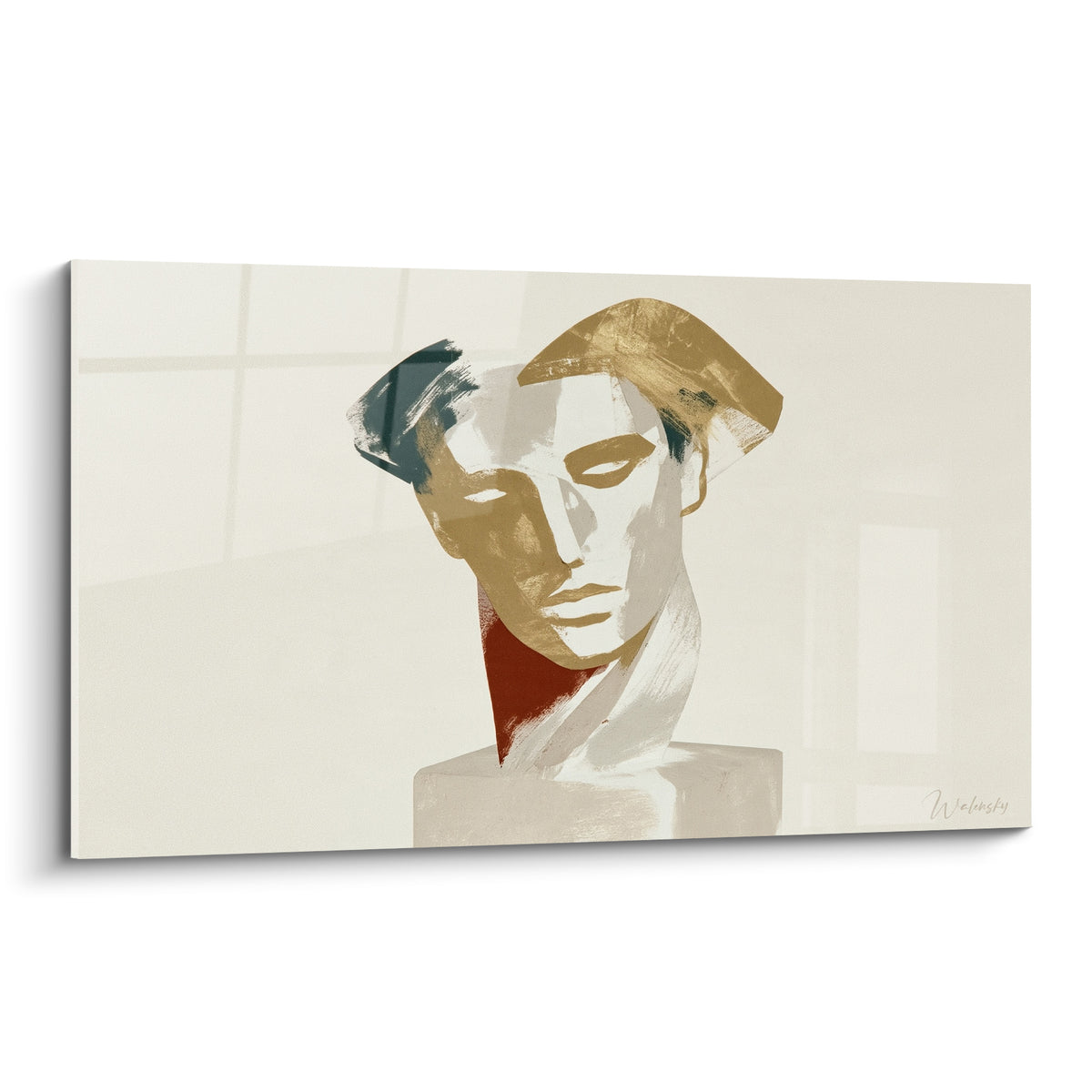 Buste doré et blanc cassé au col terracotta, traits sculptés par touches picturales sur fond neutre
