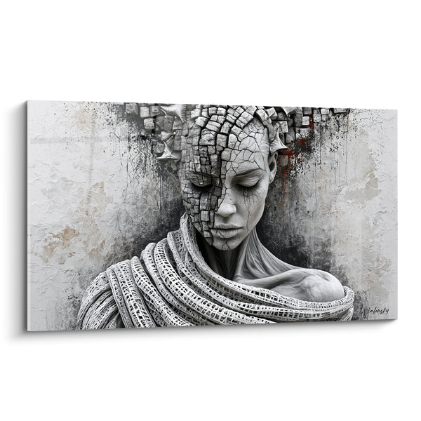 Tableau Visage fracturé aux mosaïques grises et blanches - Fragilité intérieure - Edition Statue