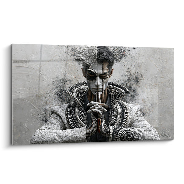 Tableau Buste masqué noir et blanc aux mains jointes - Visage divisé énigmatique - Edition Statue