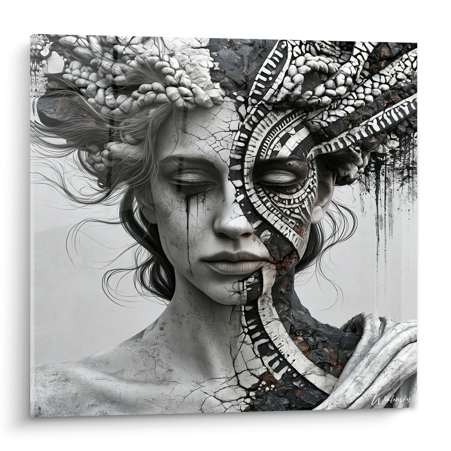 Tableau Visage fissuré aux motifs noir et blanc - Fracture intérieure - Edition Statue