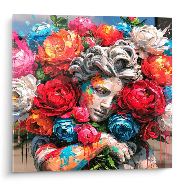 Tableau Statue de visage blanc et fleurs rouges - Sommeil floral - Edition Statue