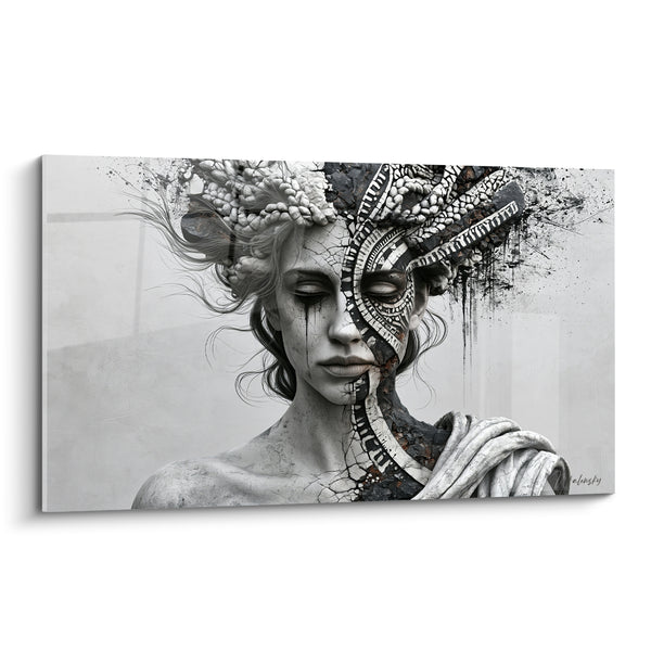 Tableau Visage double blanc et noir en spirales gravées - Coiffe fleurie et minérale - Edition Statue