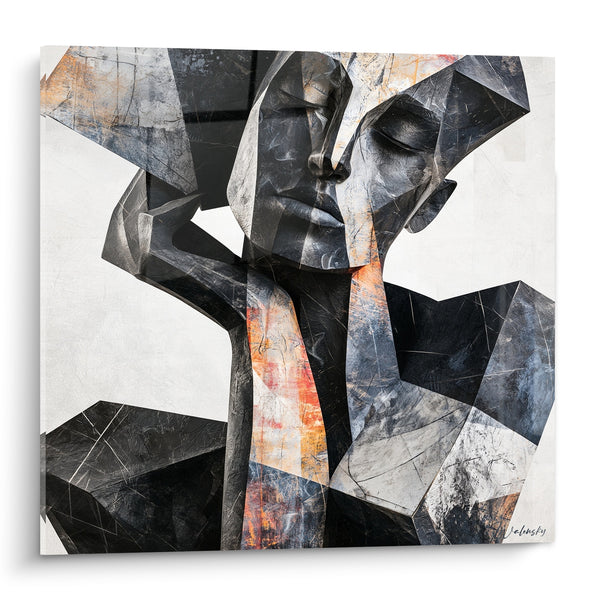 Tableau Visage géométrique anthracite et orangé fragmenté - Fragments introspectifs - Edition Statue