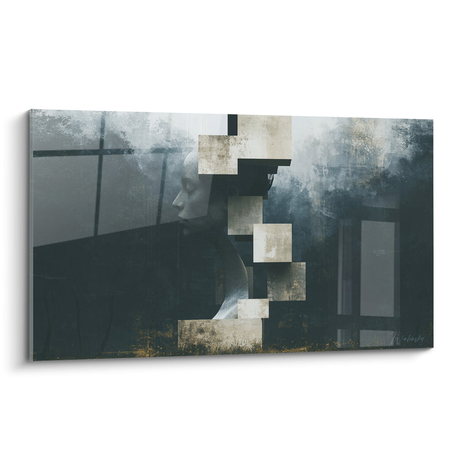 Tableau Profil gris et beige aux blocs empilés - Fenêtre brumeuse en fond - Edition Statue