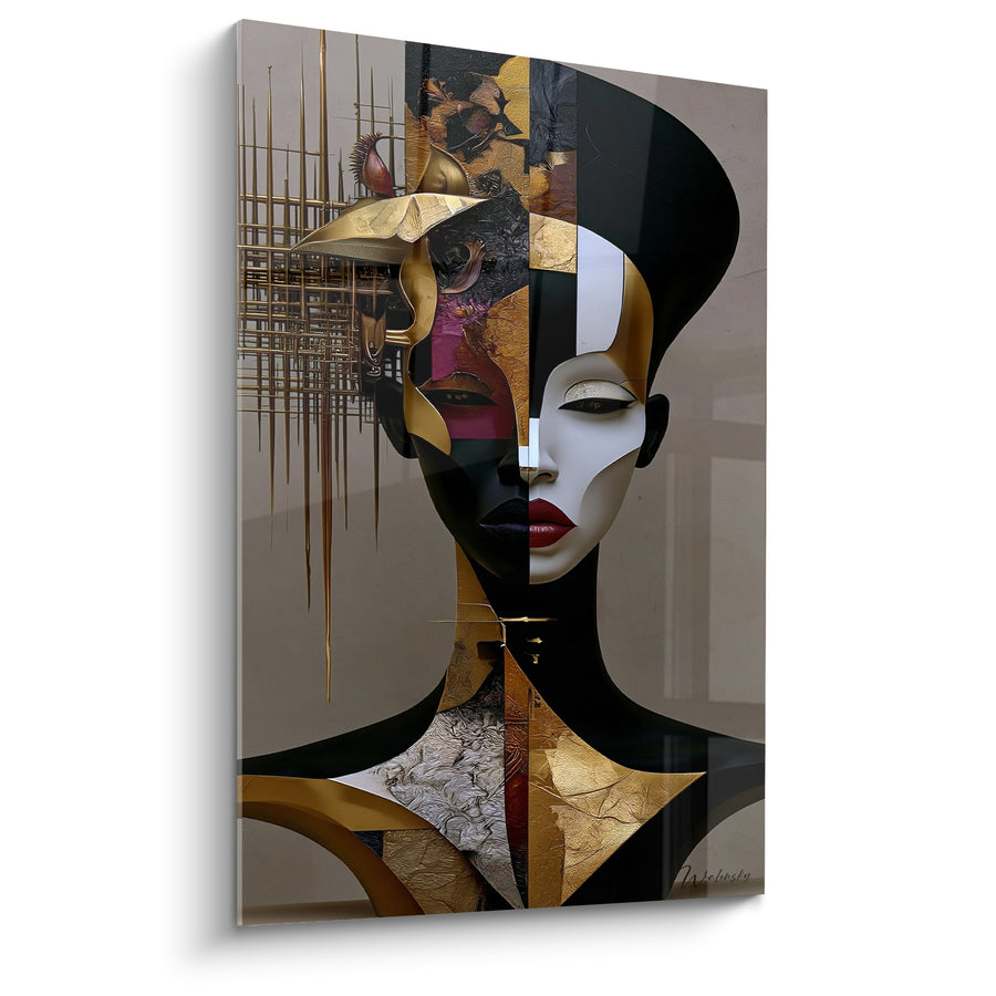 Tableau Visage noir et doré aux lèvres rouges - Structure filaire dorée - Edition Statue