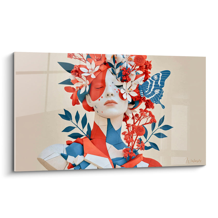 Tableau Buste fragmenté rouge et bleu fleuri - Renaissance florale - Edition Statue