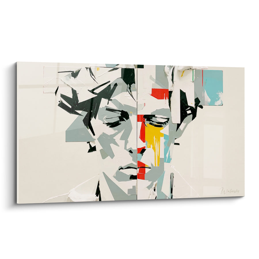 Tableau Visage collagé gris et rouge aux fragments jaunes - Portrait diptyque contemporain - Edition Statue