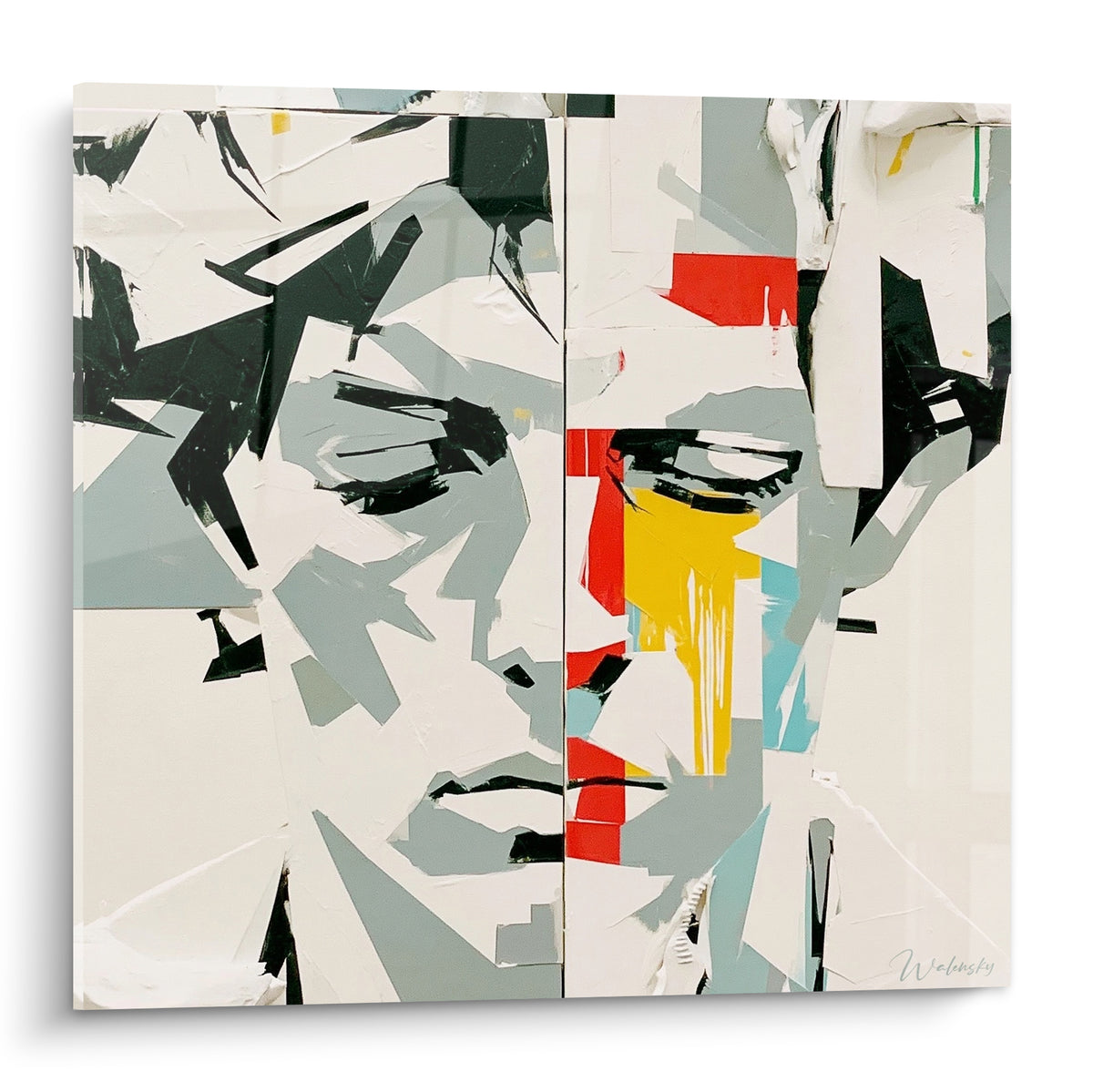 Visage fragmenté gris anthracite et rouge vif, portrait collage aux traits géométriques noirs