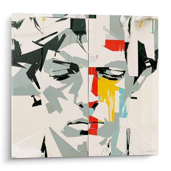 Tableau Visage fragmenté gris et rouge géométrique - Double visage intérieur - Edition Statue